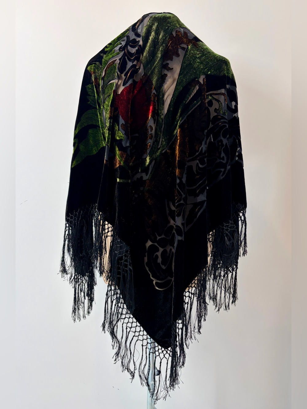 Vintage Style Black Burnout Velvet Silk Piano Shawl – Fringe Trim Wrap | 41”